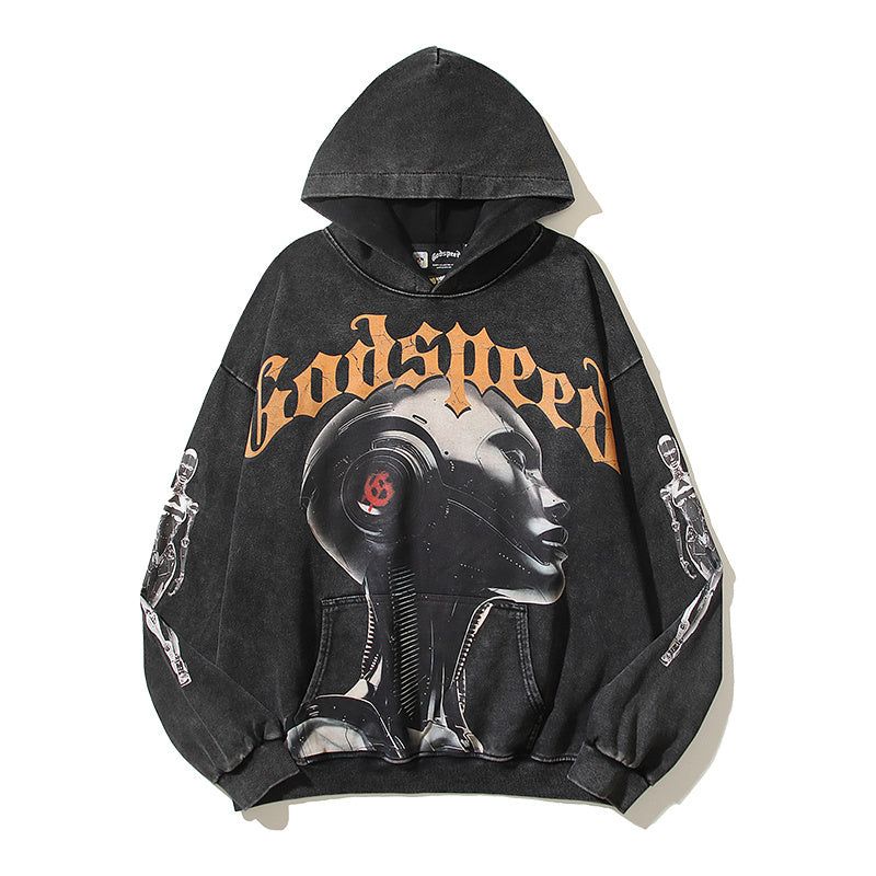 American High Street Godspeed Retro Printed Unisex Trendy Loose Hoodie