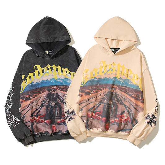 American High Street Godspeed Retro Printed Unisex Trendy Loose Hoodie