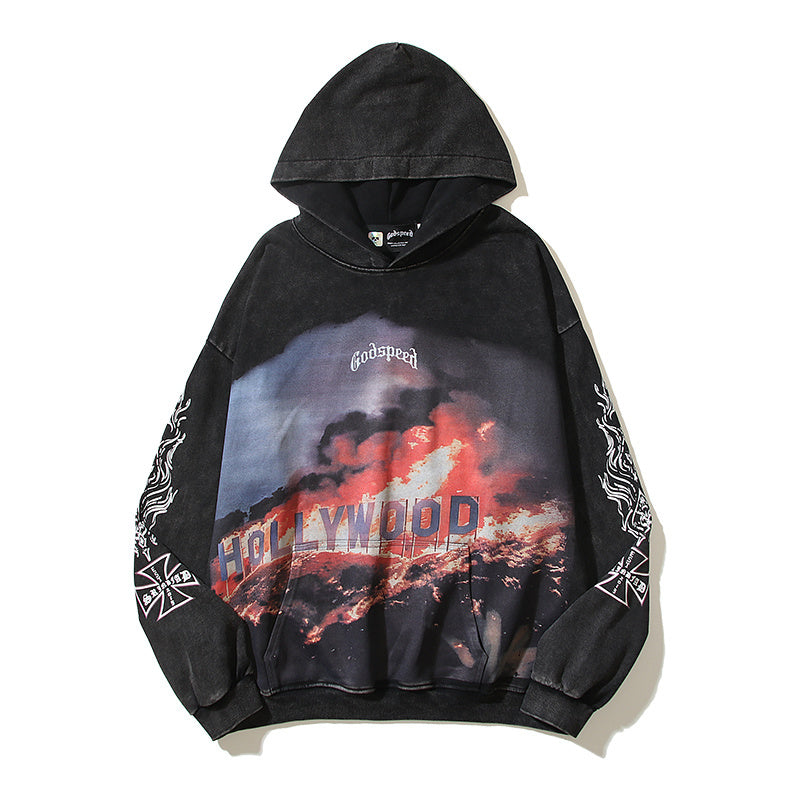 American High Street Godspeed Retro Printed Unisex Trendy Loose Hoodie