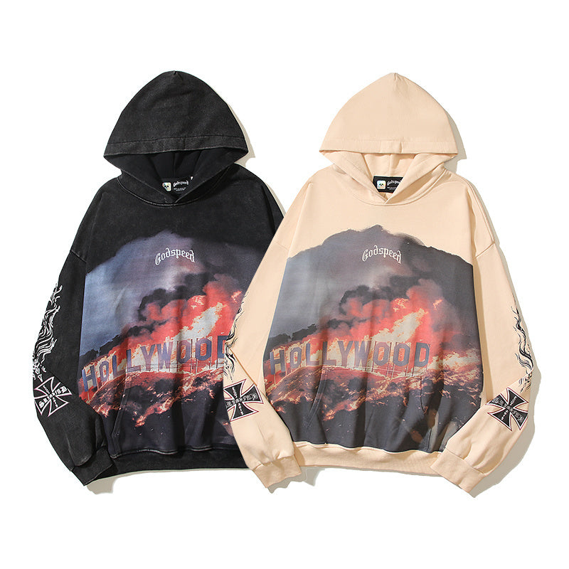 American High Street Godspeed Retro Printed Unisex Trendy Loose Hoodie