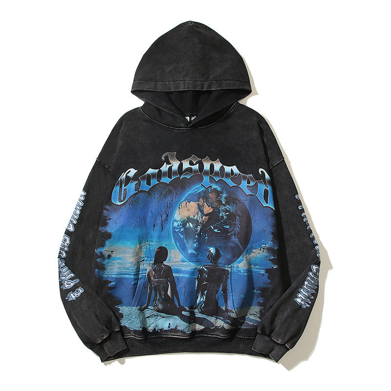 American High Street Godspeed Retro Printed Unisex Trendy Loose Hoodie
