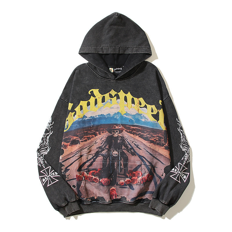 American High Street Godspeed Retro Printed Unisex Trendy Loose Hoodie