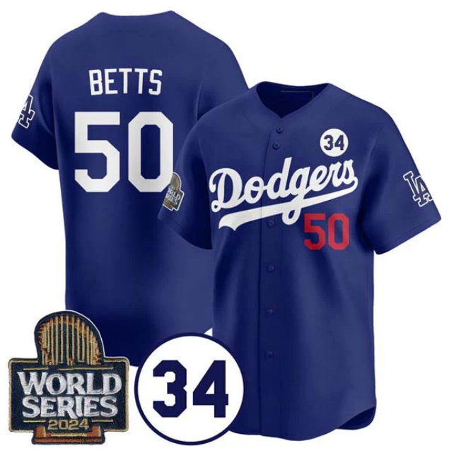 Los Angeles Dodgers #50 Mookie Betts Royal 2024 World Series With No. 34 Patch Cool Base Stitched Baseball Jersey