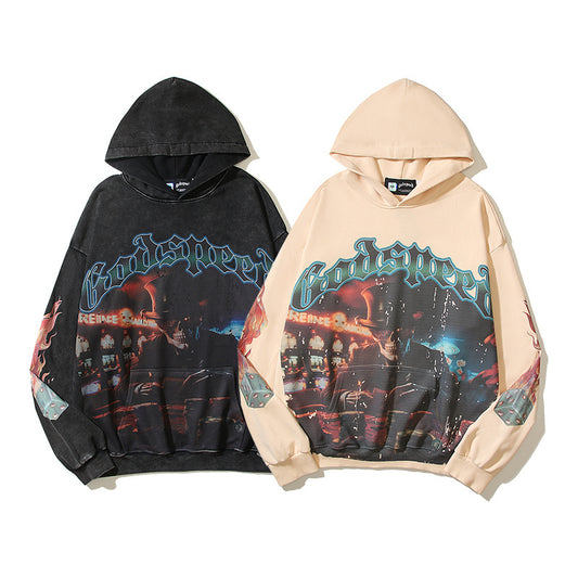 American High Street Godspeed Retro Printed Unisex Trendy Loose Hoodie