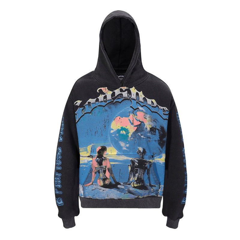 American High Street Godspeed Retro Printed Unisex Trendy Loose Hoodie
