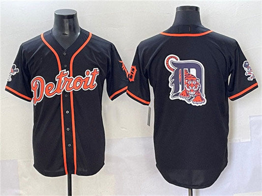 Detroit Tigers Team Big Logo Black With Patch Cool Base Stitched Baseball Jersey