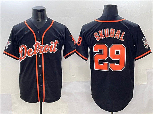 Detroit Tigers #29 Tarik Skubal Black With Patch Cool Base Stitched Baseball Jersey