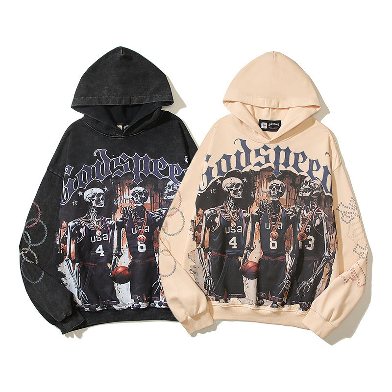 American High Street Godspeed Retro Printed Unisex Trendy Loose Hoodie