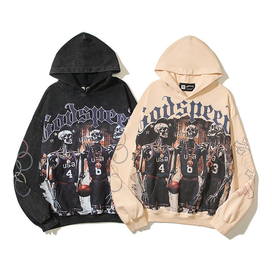 American High Street Godspeed Retro Printed Unisex Trendy Loose Hoodie