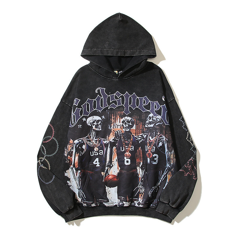 American High Street Godspeed Retro Printed Unisex Trendy Loose Hoodie
