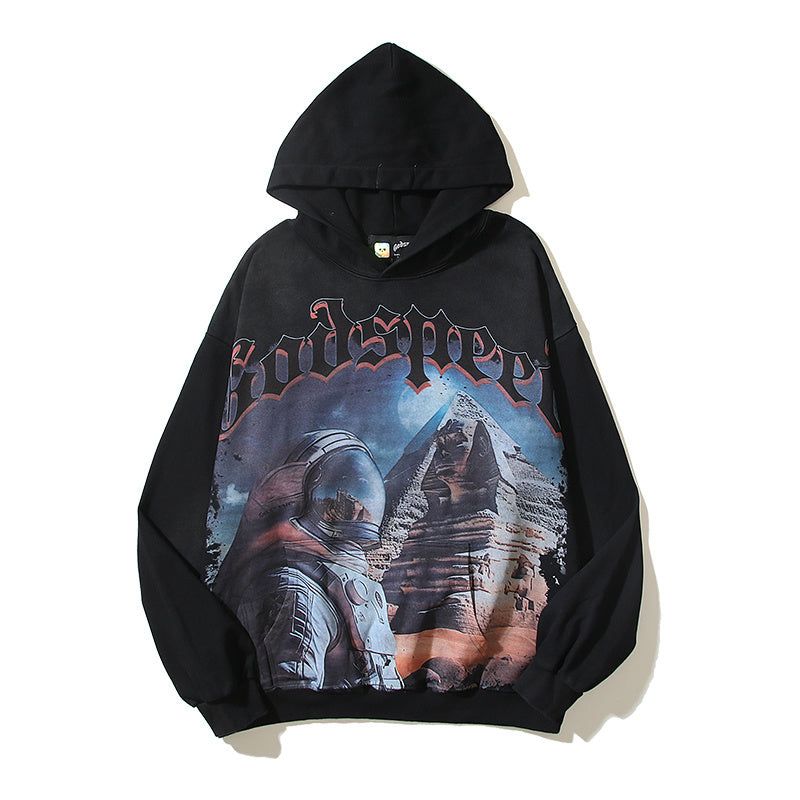 American High Street Godspeed Retro Printed Unisex Trendy Loose Hoodie